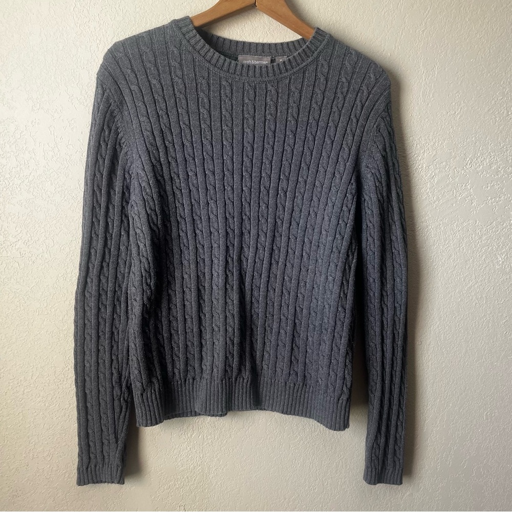Grey Cable Knit Crewneck Sweater - 100% Cotton